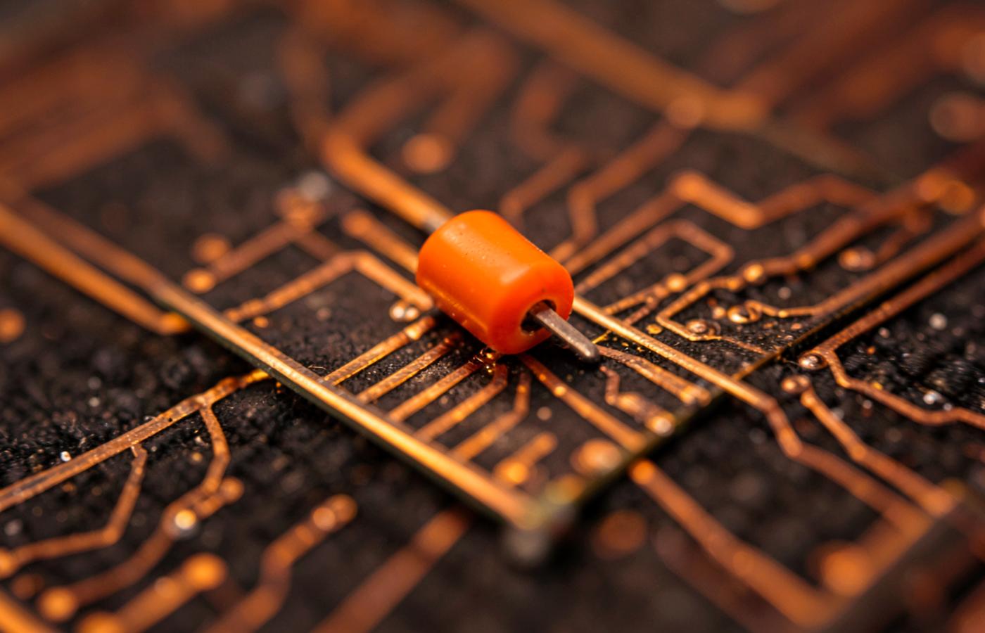 Macro photograph of copper circuit traces with a single orange component in focus