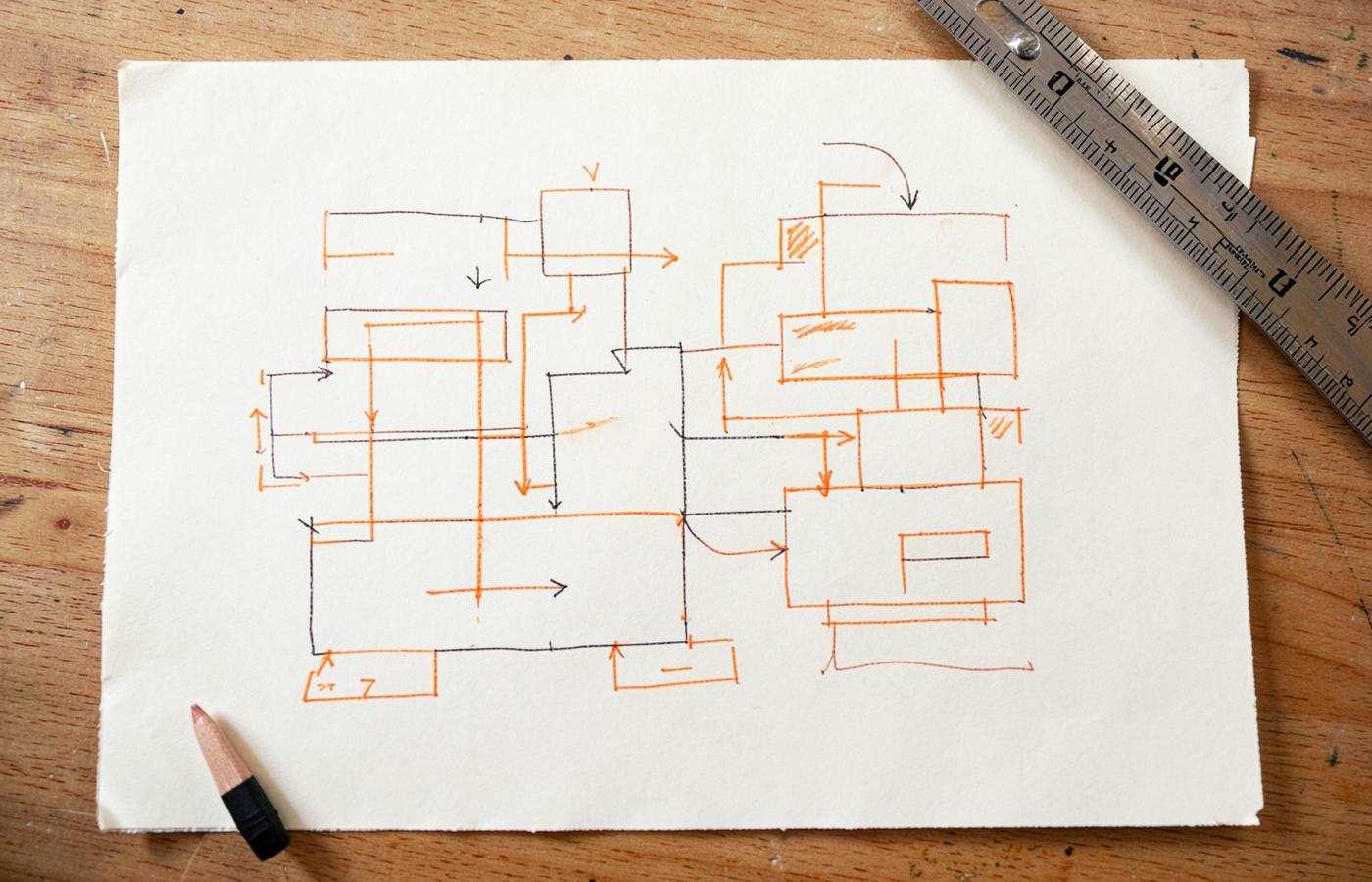A hand-drawn system flow diagram in black and orange ink on ivory paper beside a steel ruler and pencil